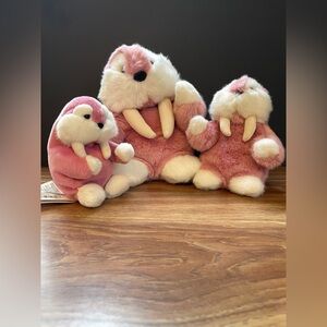 Gund vintage Pink and White Plush Mooky the Walrus stuffed toys in 3 sizes. Rare
